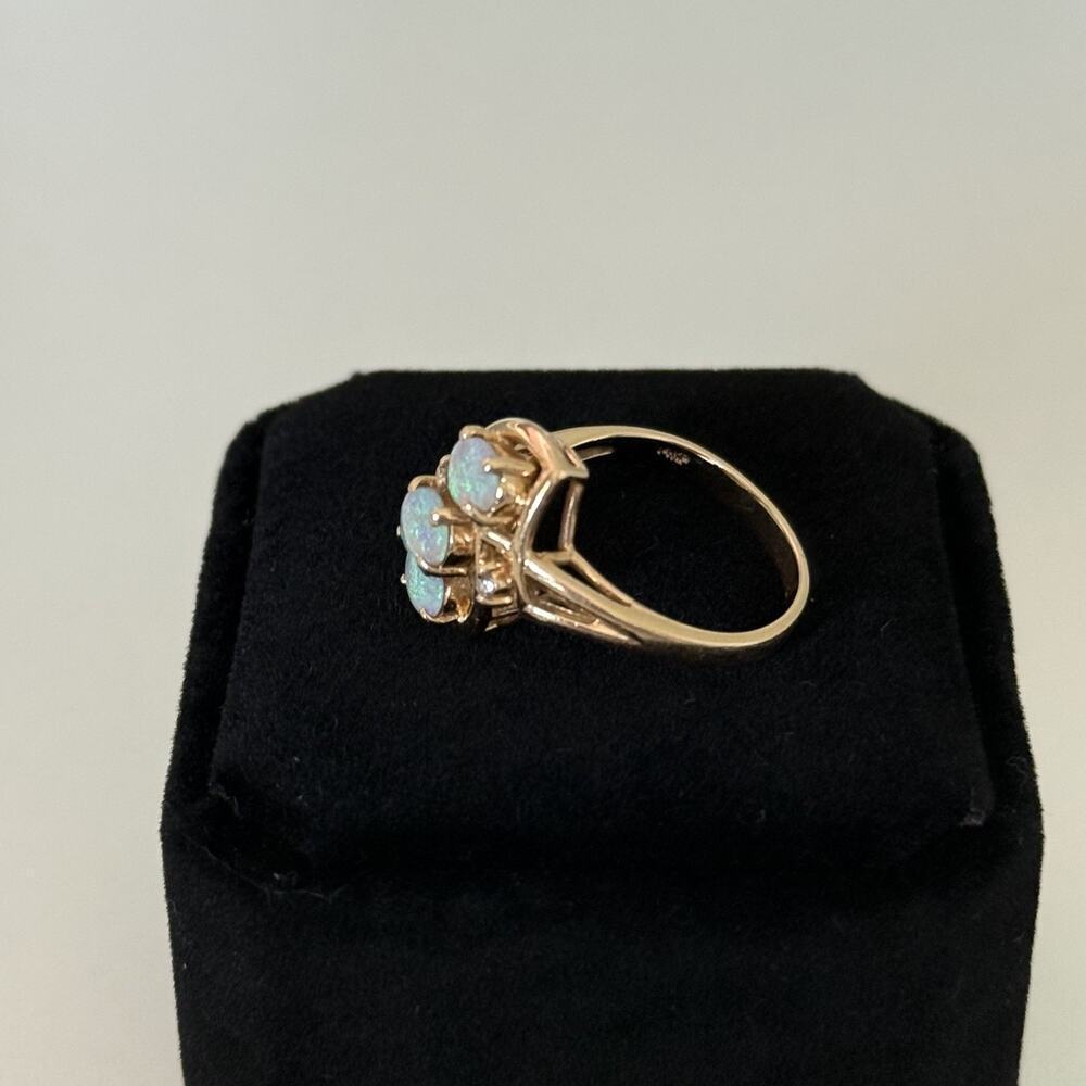 14K Yellow Gold Fire Opal 3 Stone Diamond Band Ring Size 6 - Picture 4 of 16